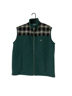 Castaway Men Vest M Green Plaid Cross Rip Quilted Classic Fit Full Zip Mock Neck